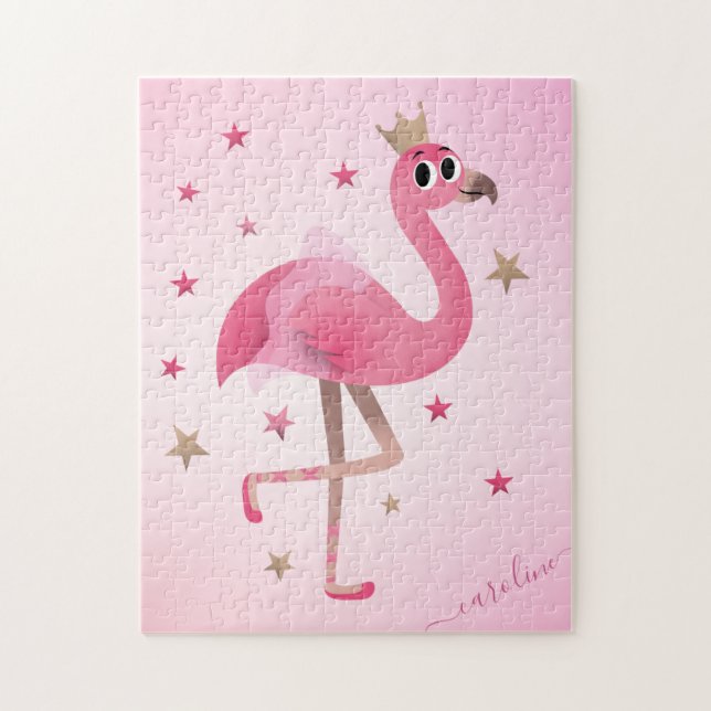 Cute Pink Flamingo Crown Stars Kids Girls Name Jigsaw Puzzle (Vertical)