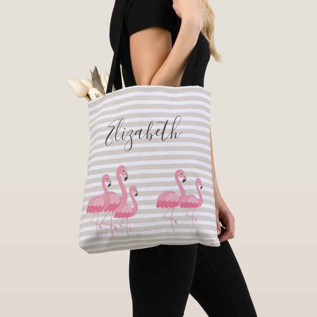 Cute Pink Flamingo Custom Name Trendy Tan Stripes  Tote Bag (Close Up)