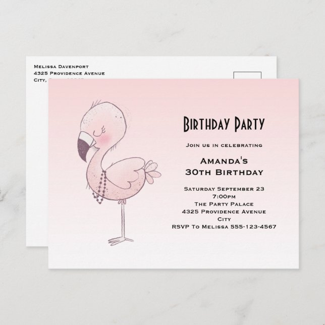 Cute Pink Flamingo Illustration Birthday Party Postcard (Front/Back)