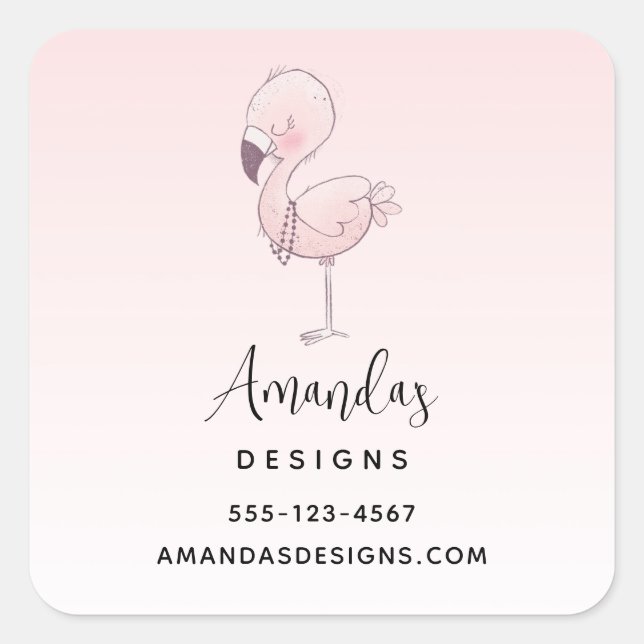 Cute Pink Flamingo Illustration Business Square Sticker (Front)
