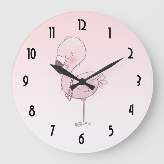 Cute Pink Flamingo Illustration Large Clock (Front)