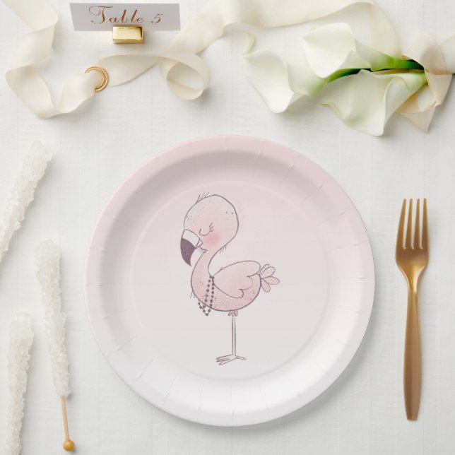 Cute Pink Flamingo Illustration Paper Plate (Wedding)