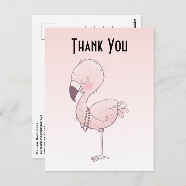 Cute Pink Flamingo Illustration Thank You Postcard (Front/Back)
