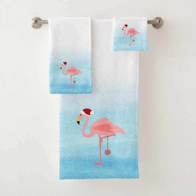 Cute pink flamingo In Christmas hat Bath Towel Set (Insitu)