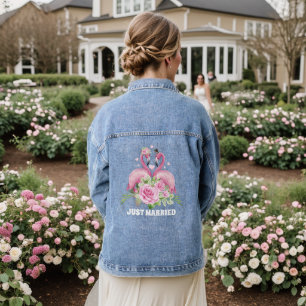 Cute pink flamingo just Married Denim Jacket