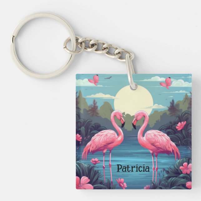 Cute Pink Flamingo Key Ring (Front)
