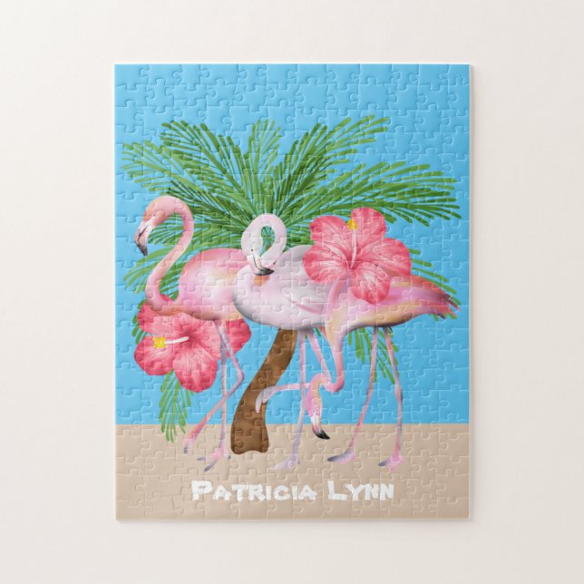 Cute pink Flamingo lover add name Beach Jigsaw Puzzle (Vertical)