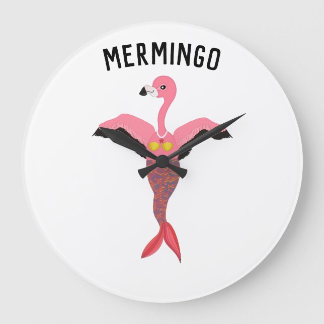 Cute Pink Flamingo Mermaid Mythical Creature Large Clock (Front)