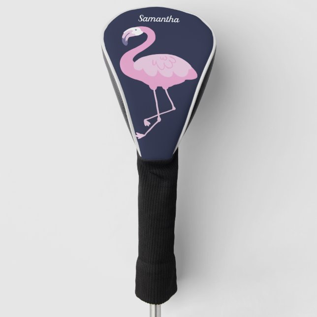 Cute Pink Flamingo on Dark Blue with Name Golf Head Cover (Front)