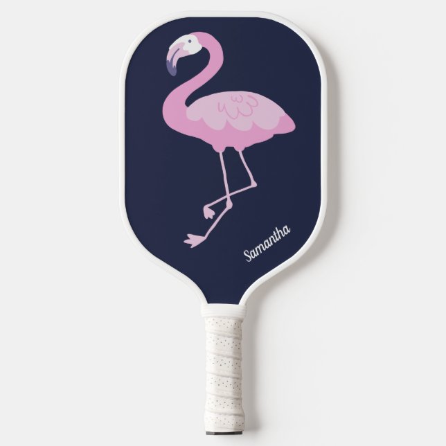 Cute Pink Flamingo on Dark Blue with Name Pickleball Paddle (Front)