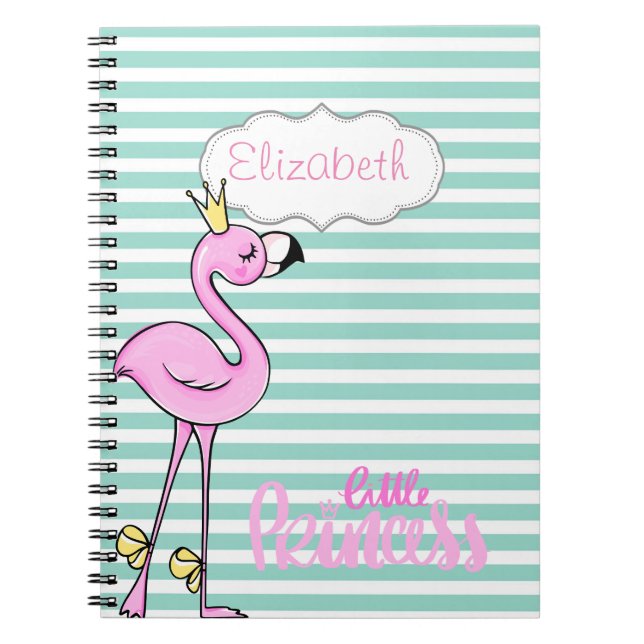 Cute Pink Flamingo On Mint White Stripes Notebook (Front)
