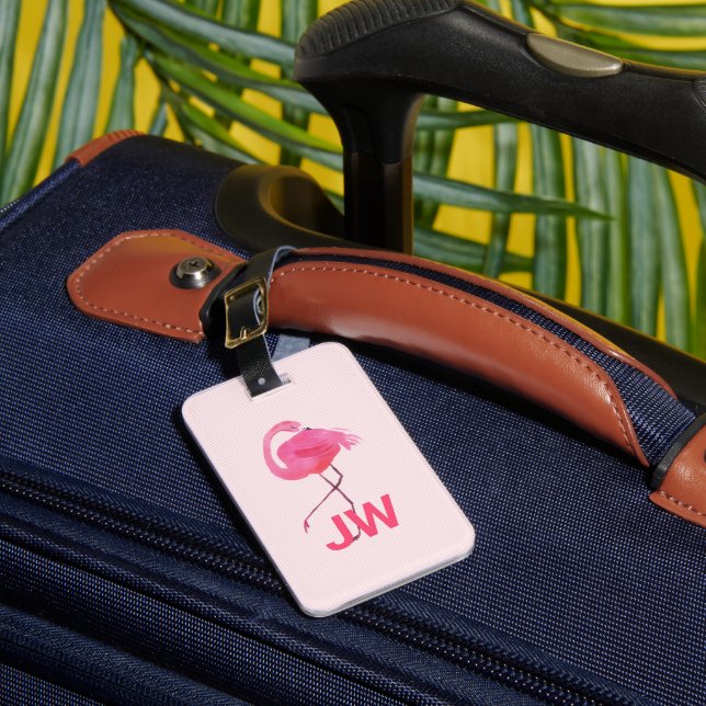 Cute Pink Flamingo On Striped Background Luggage Tag (Front Insitu 1)