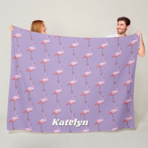 Cute Pink Flamingo Pattern Name Pink and Purple Fleece Blanket