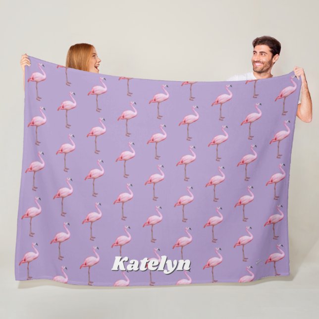 Cute Pink Flamingo Pattern Name Pink and Purple Fleece Blanket (In Situ)