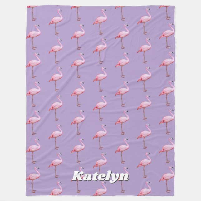 Cute Pink Flamingo Pattern Name Pink & Purple Vert Fleece Blanket (Front)
