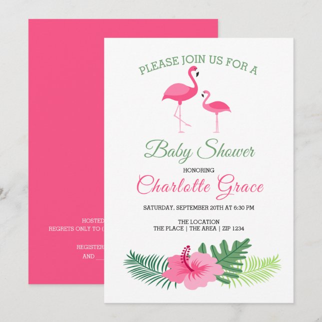 Cute Pink Flamingo Personalised Baby Shower Invitation (Front/Back)