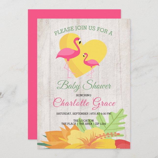 Cute Pink Flamingo Personalised Baby Shower Invitation (Front/Back)