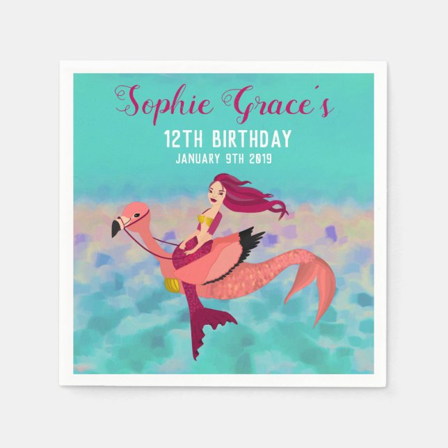 Cute Pink Flamingo Purple Mermaid Birthday Party Napkin (Front)