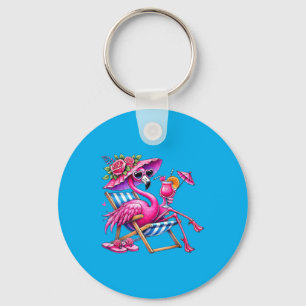 Cute Pink Flamingo Relaxing On Beach Chair Summer Key Ring