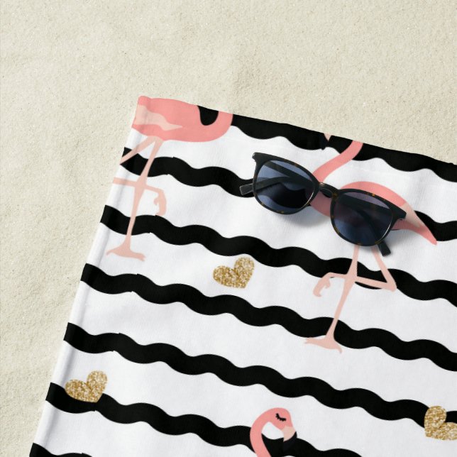 Cute Pink Flamingo Seamless Pattern Beach Towel (In Situ)