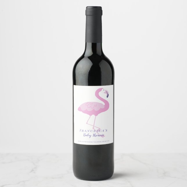 Cute Pink Flamingo Thank You Baby Shower Wine Label (Front)