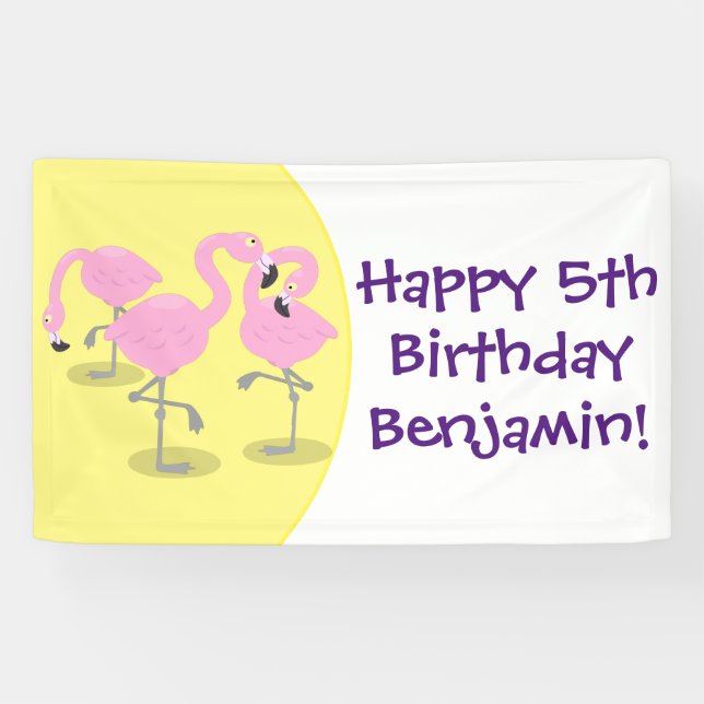 Cute pink flamingo trio cartoon illustration banner (Horizontal)