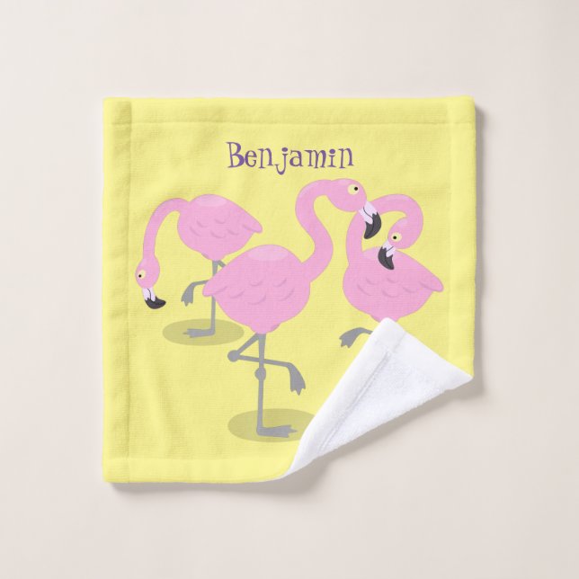 Cute pink flamingo trio cartoon illustration bath towel set (Wash Cloth)