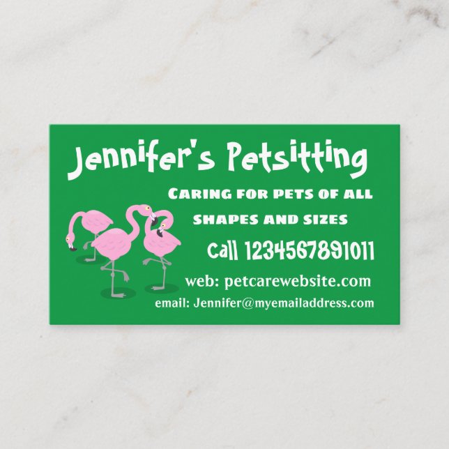Cute pink flamingo trio cartoon illustration business card (Front)