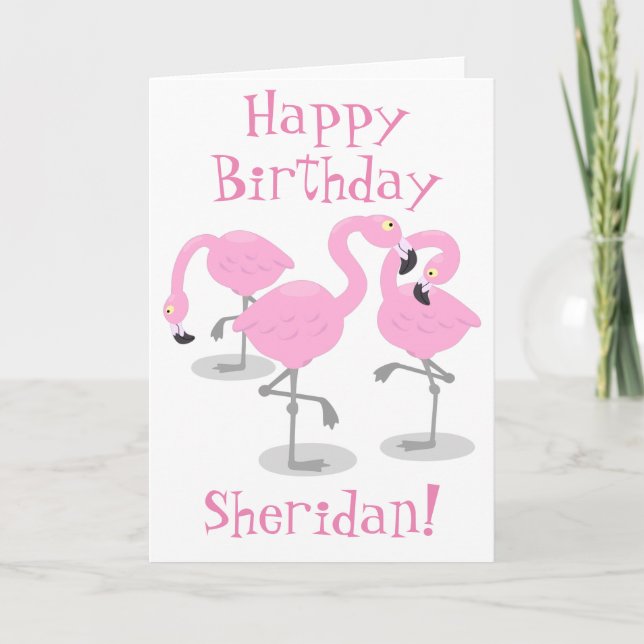 Cute pink flamingo trio cartoon illustration card (Front)
