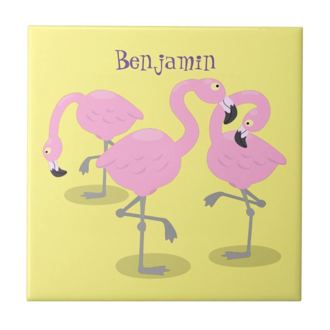 Cute pink flamingo trio cartoon illustration ceramic tile (Front)