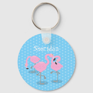 Cute pink flamingo trio cartoon illustration key ring