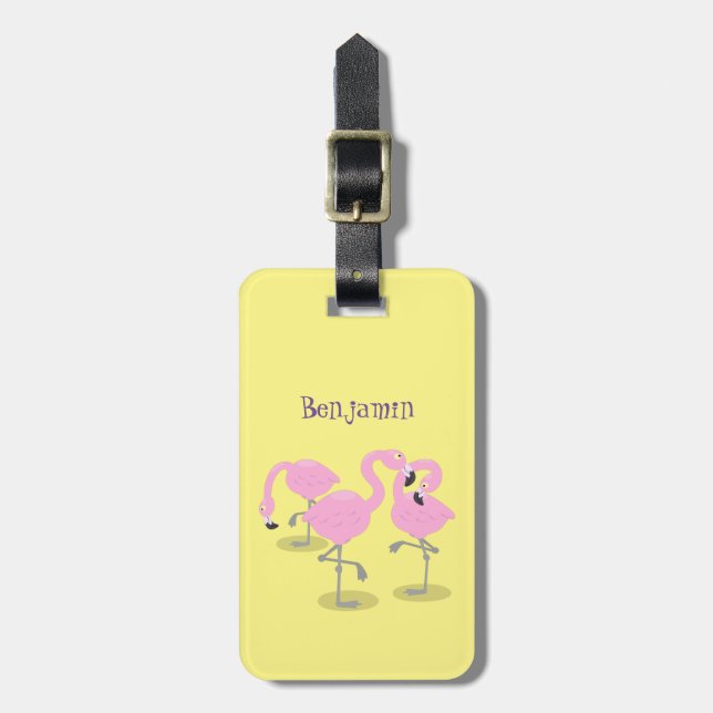 Cute pink flamingo trio cartoon illustration luggage tag (Front Vertical)
