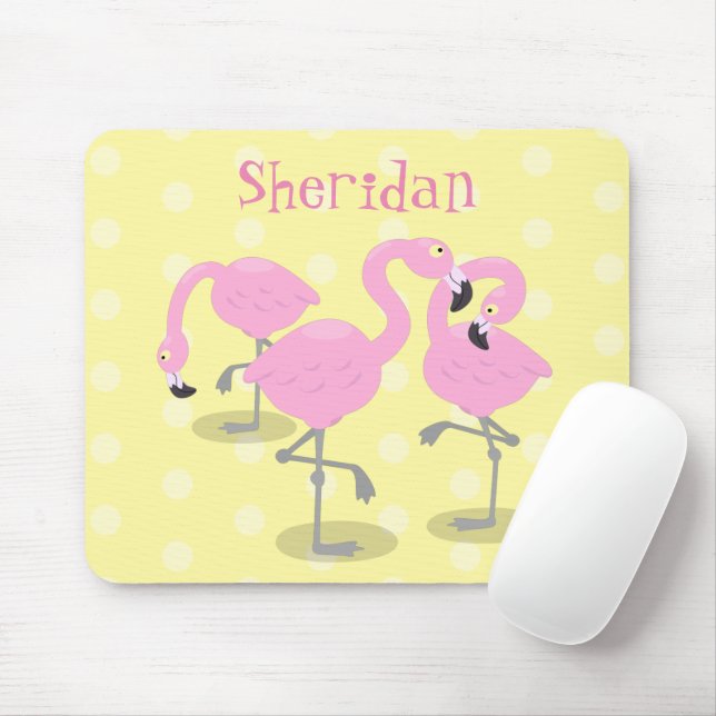 Cute pink flamingo trio cartoon illustration mouse pad (With Mouse)