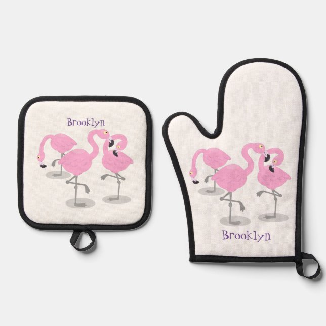 Cute pink flamingo trio cartoon illustration oven mitt & pot holder set (Front)