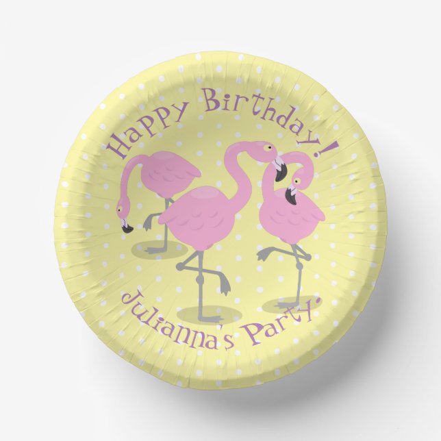 Cute pink flamingo trio cartoon illustration paper plate (Front)