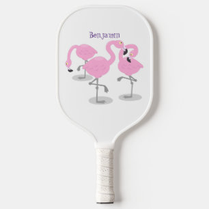 Cute pink flamingo trio cartoon illustration pickleball paddle