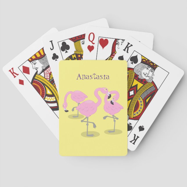Cute pink flamingo trio cartoon illustration playing cards (Back)