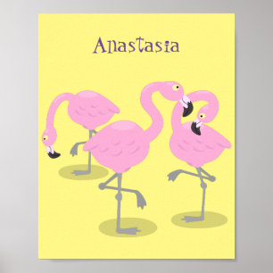 Cute pink flamingo trio cartoon illustration poster