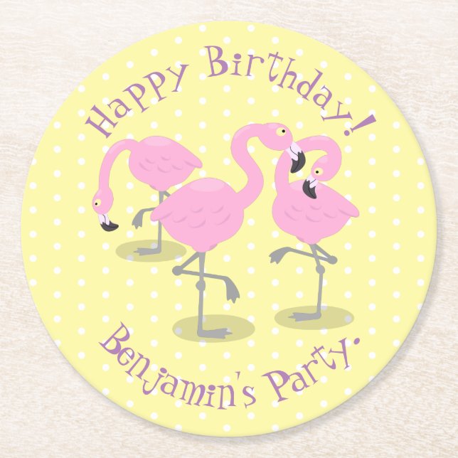 Cute pink flamingo trio cartoon illustration round paper coaster (Front)