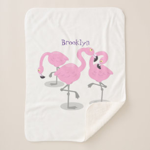 Cute pink flamingo trio cartoon illustration  sherpa blanket