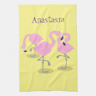 Cute pink flamingo trio cartoon illustration tea towel