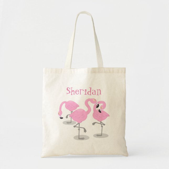 Cute pink flamingo trio cartoon illustration tote bag (Front)