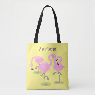 Cute pink flamingo trio cartoon illustration tote bag