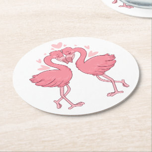 Cute Pink Flamingo Tropical Beach Wedding Round Paper Coaster