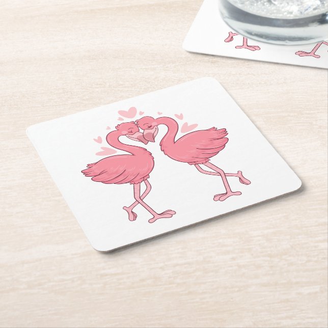 Cute Pink Flamingo Tropical Beach Wedding Square Paper Coaster (Angled)