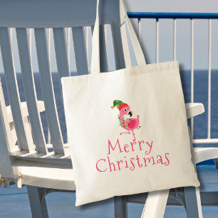 Cute Pink Flamingo Tropical Christmas Tote Bag