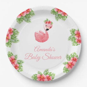Cute Pink Flamingo Tropical Flowers Baby Shower Paper Plate