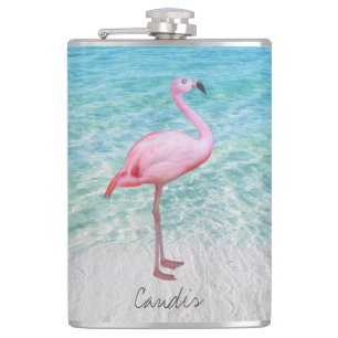 Cute Pink Flamingo Tropical Sandy Beach Fun Name Hip Flask