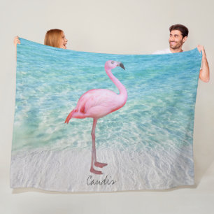 Cute Pink Flamingo Tropical Sandy Beach Name Fleece Blanket