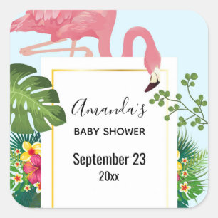 Cute Pink Flamingo Tropical Theme Save the Date Square Sticker